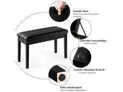 Banquette Piano Avec Coussin Rayé Rembourré En Cuir Pu Et Compartiment De Rangement, Pour Usage Professionnel/privé, Noir -Banquette Soldes Magasin G CNF D18800959 D