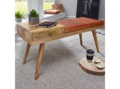 Finebuy Banc Peau De Chèvre Bois Massif 100 X 52 X 38 Cm Style Rétro | Banquette Couloir Avec Espace De Rangement | Banc En Cuir Rembourré Stockage | Petit Banc De Lit Cuir Véritable