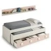 Cadre De Lit Avec Deuxième Lit Gigogne, Avec Tiroir Et étagère Murale Coordonnée, Couleur Blanche Avec Effet Bois Clair Et Rose, 199 X 65 X 95 Cm. -Banquette Soldes Magasin G CNF N46803512 B
