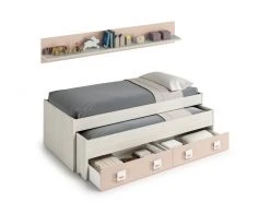 Cadre De Lit Avec Deuxième Lit Gigogne, Avec Tiroir Et étagère Murale Coordonnée, Couleur Blanche Avec Effet Bois Clair Et Rose, 199 X 65 X 95 Cm.