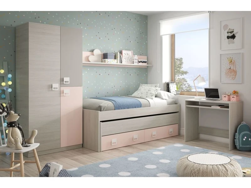 Cadre De Lit Avec Deuxième Lit Gigogne, Avec Tiroir Et étagère Murale Coordonnée, Couleur Blanche Avec Effet Bois Clair Et Rose, 199 X 65 X 95 Cm. 4 Cadre De Lit Avec Deuxième Lit Gigogne, Avec Tiroir Et étagère Murale Coordonnée, Couleur Blanche Avec Effet Bois Clair Et Rose, 199 X 65 X 95 Cm. – Image 2
