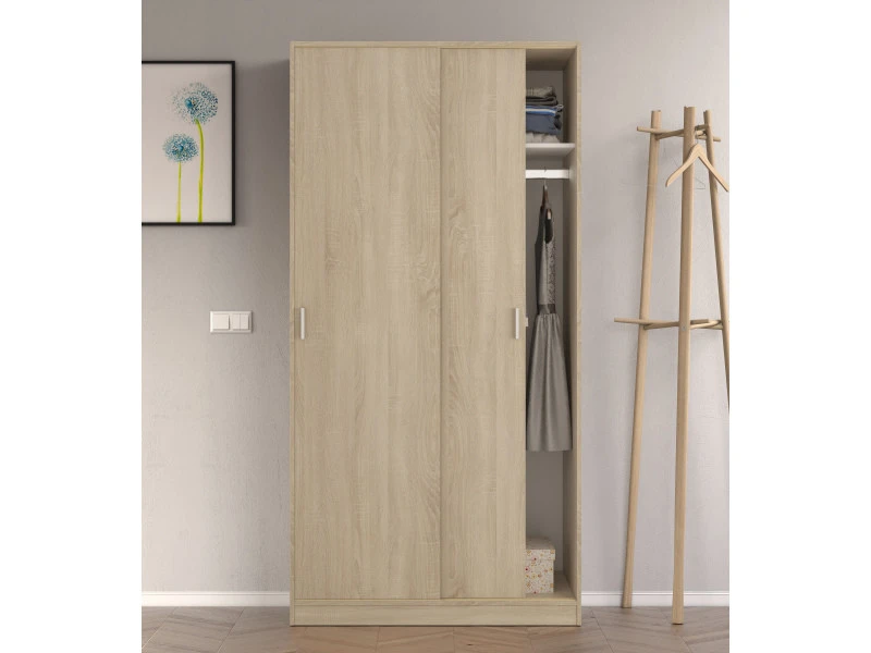 Armoire Avec Deux Portes Coulissantes, Barre-penderie Et Une étagère Intérieure, Couleur Chêne, 200 X 100 X 50 Cm 3 Armoire Avec Deux Portes Coulissantes, Barre-penderie Et Une étagère Intérieure, Couleur Chêne, 200 X 100 X 50 Cm