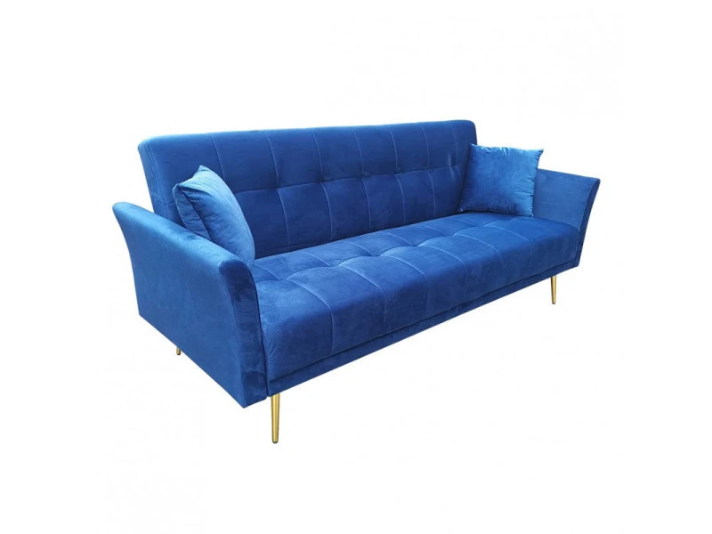 MEUBLETMOI Canapé 3 Places Convertible En Velours Bleu Et Pieds Doré - Ralph 2 MEUBLETMOI Canapé 3 Places Convertible En Velours Bleu Et Pieds Doré - Ralph