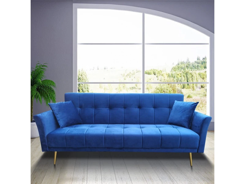 MEUBLETMOI Canapé 3 Places Convertible En Velours Bleu Et Pieds Doré - Ralph 3 MEUBLETMOI Canapé 3 Places Convertible En Velours Bleu Et Pieds Doré - Ralph – Image 2